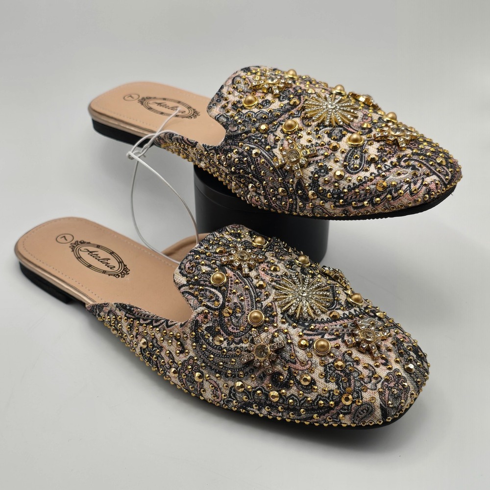 Ambla Embellished Paisley Mule Flats Women's Size 7 Gold Studded Slip-On Loafers - Picture 7 of 7